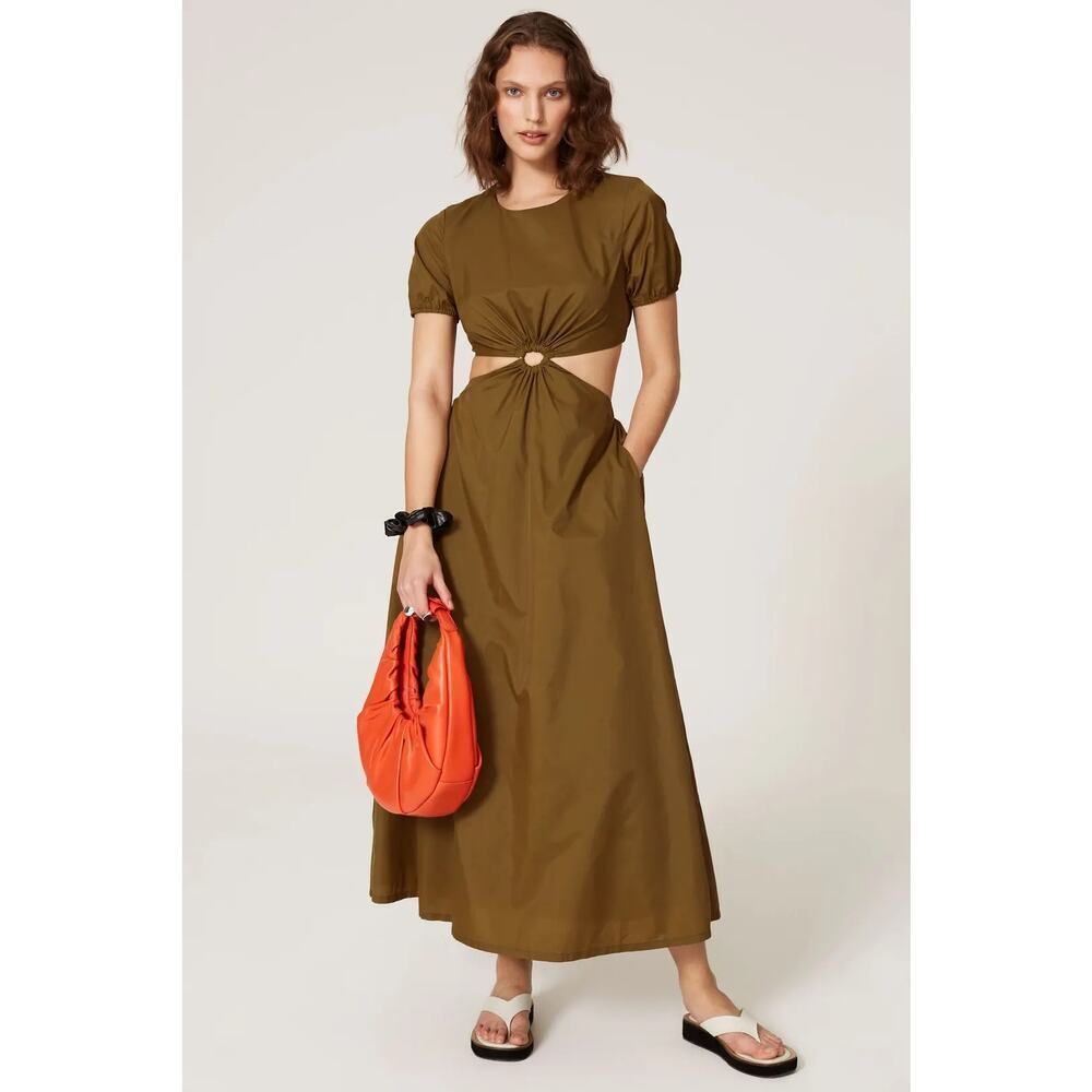 Staud Calpso Dress Puff Sleeve Crew Neck Cutout Back Maxi A-Line Caper Green M